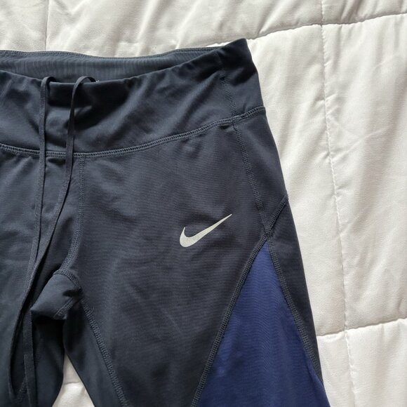 Nike Womens Running Capri Cropped Pants Leggings Black Blue Drawstring - Picture 3 of 9